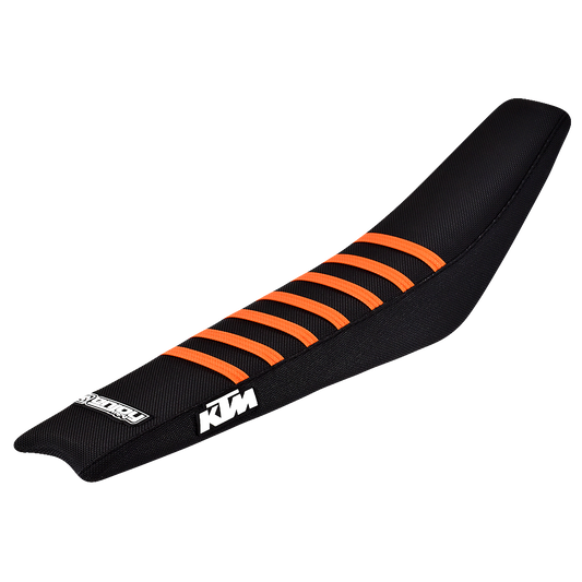 Enjoy Manufacturing KTM Seat Cover SX SXF 2019 - 2022 EXC EXCF 2020 - 2023 Ribbed Logo, Black / Orange